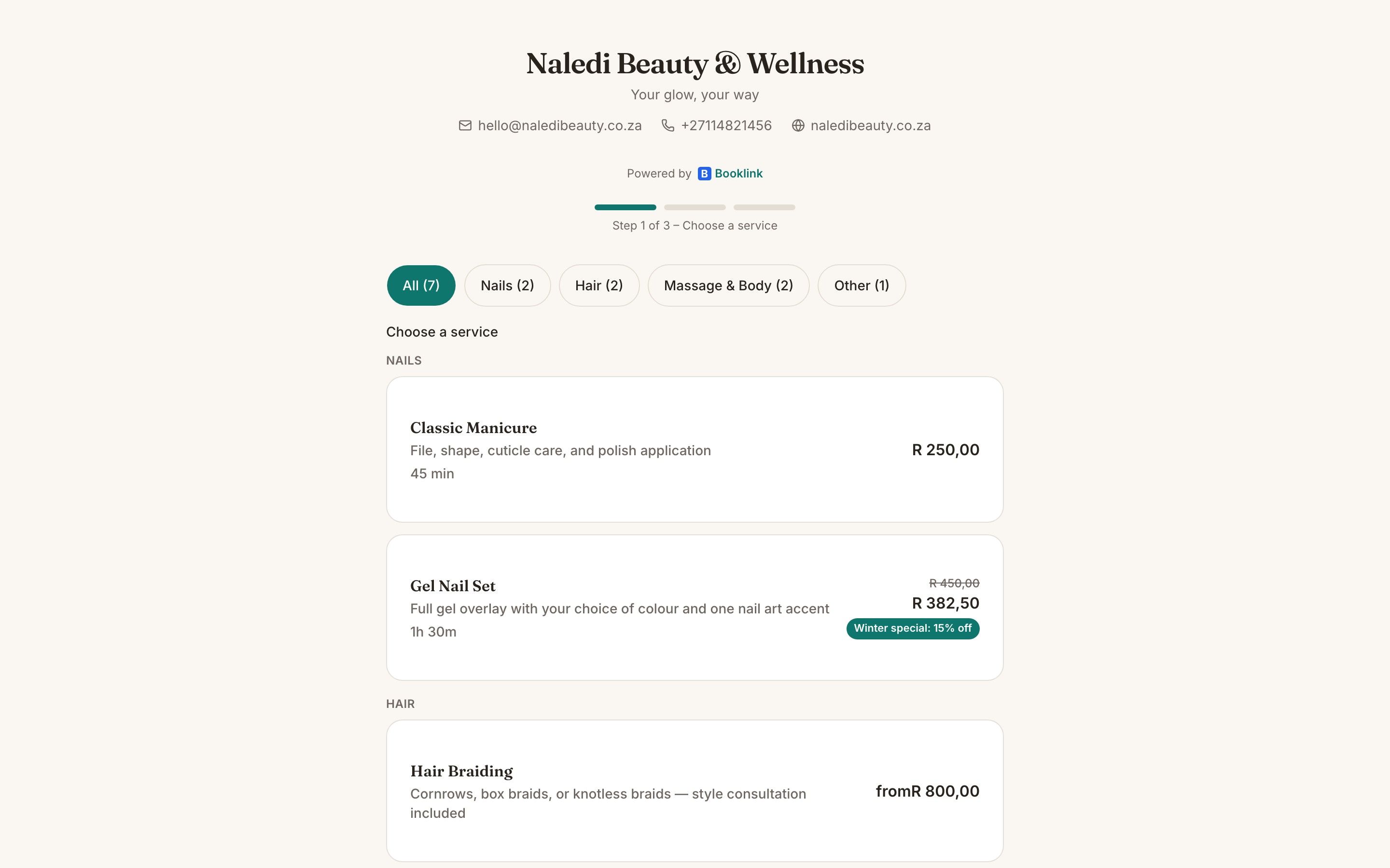 Booklink public booking page showing services, prices and durations for a South African service business