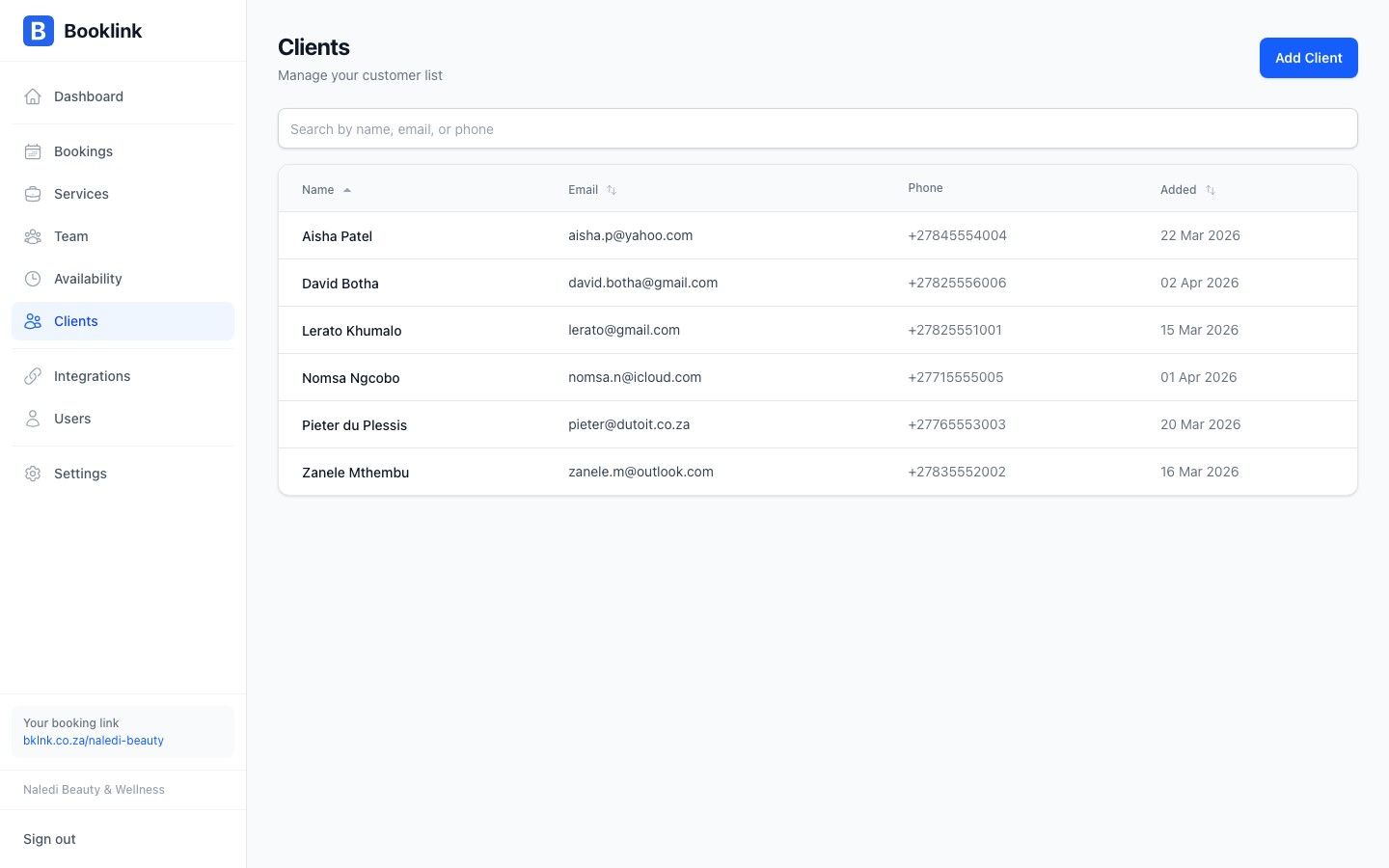 Booklink client list showing contact details and booking history per client