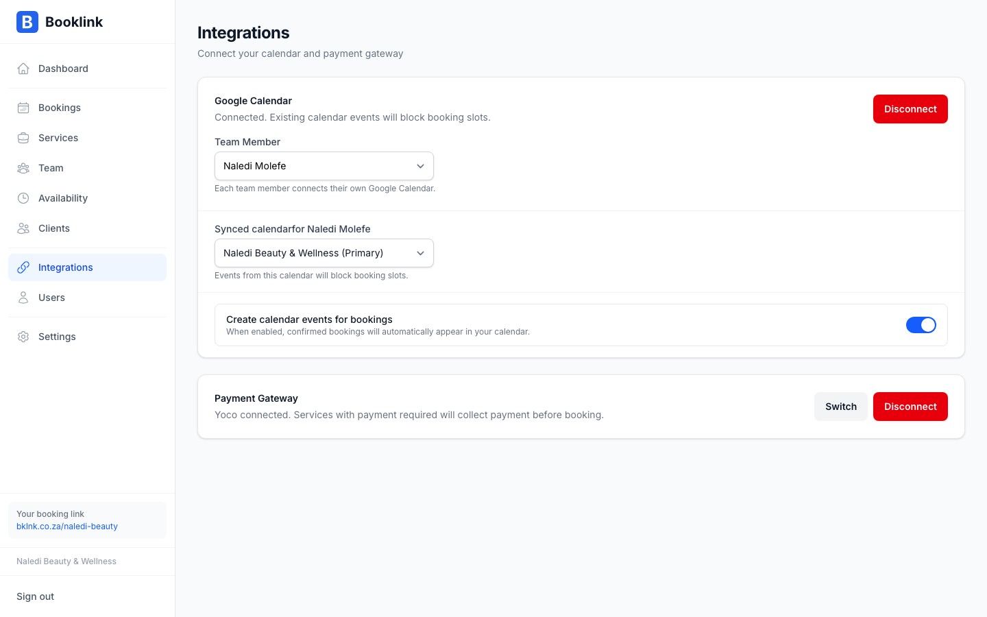 Booklink payments integration screen showing a connected Yoco, Paystack, or PayFast gateway